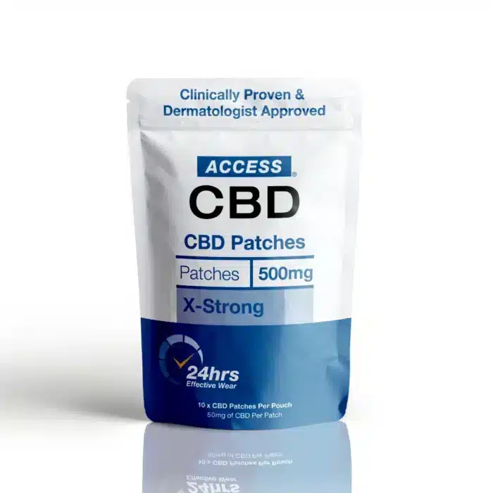 Reflective image of the front of an ACCESS CBD Dermal Patch, displaying the product's branding.